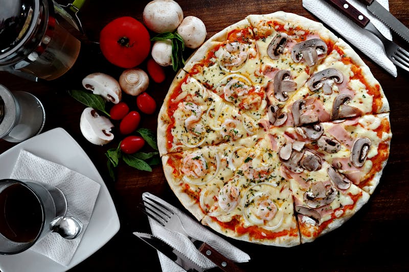 Autumn harvest seasons pizza with roasted vegetables